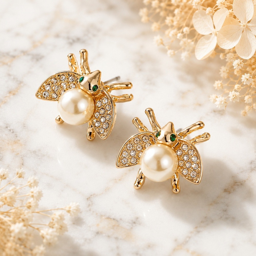 Joan Rivers Faux Pearl Bee Earrings Gold tone Crystal Green Eyes Vintage Unworn